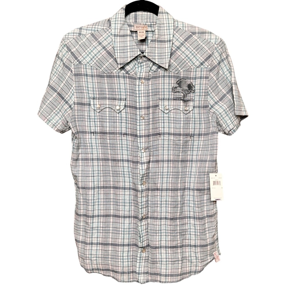 NWT Western Pearl Snap Sheer Plaid Short Sleeve Flannel Shirt Mens Medium Cowboy